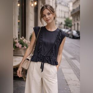 NWT Zadig & Voltaire Toundra Charcoal Satin Ruffle Cap Sleeve Blouse Sz S